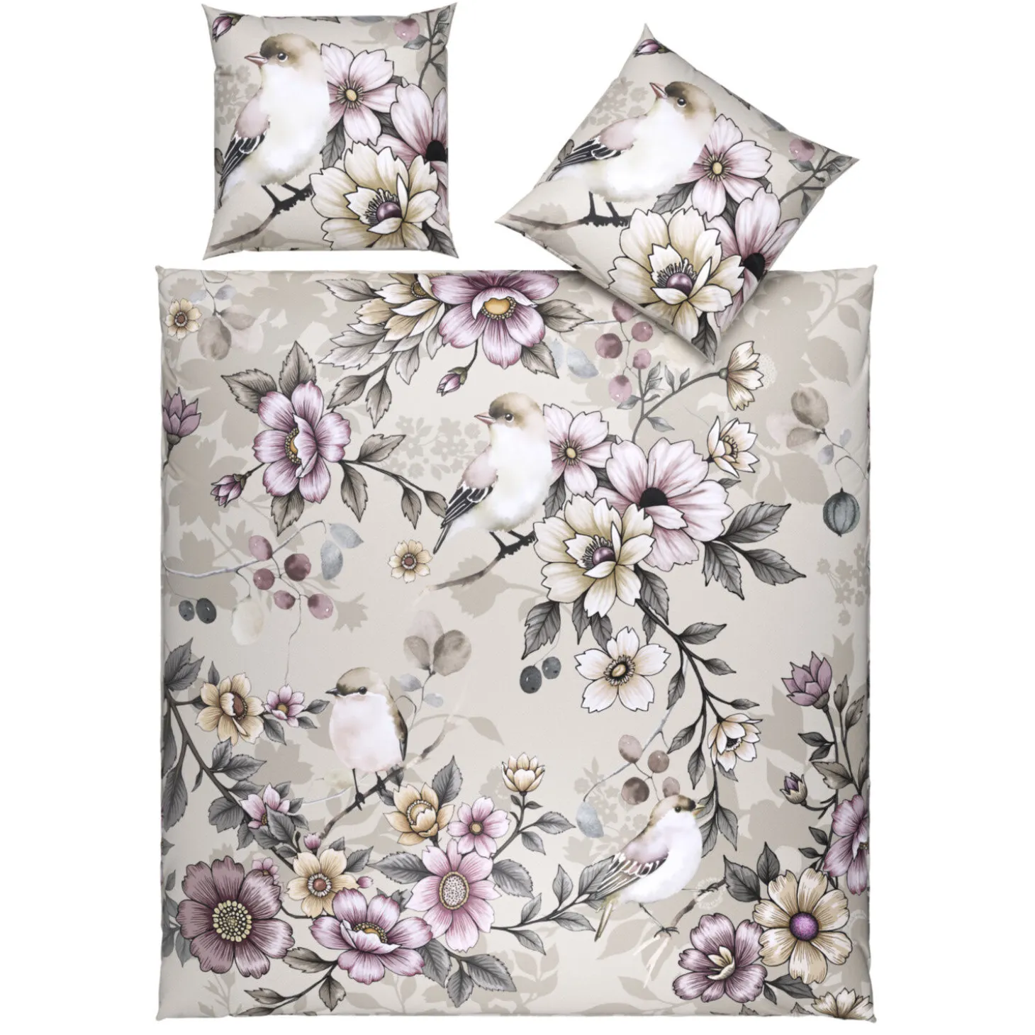 Bettwäsche mit Blumen- und Vogelmotiv