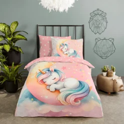 Bettwäsche mit Einhorn auf Mondsichel