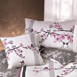 Bettwäsche mit Kirschblüten in schönen violett-anthrazit Farbtönen