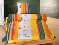 Bettwäsche mit Quadratmusterung und Streifen in Orange- und Grautönen