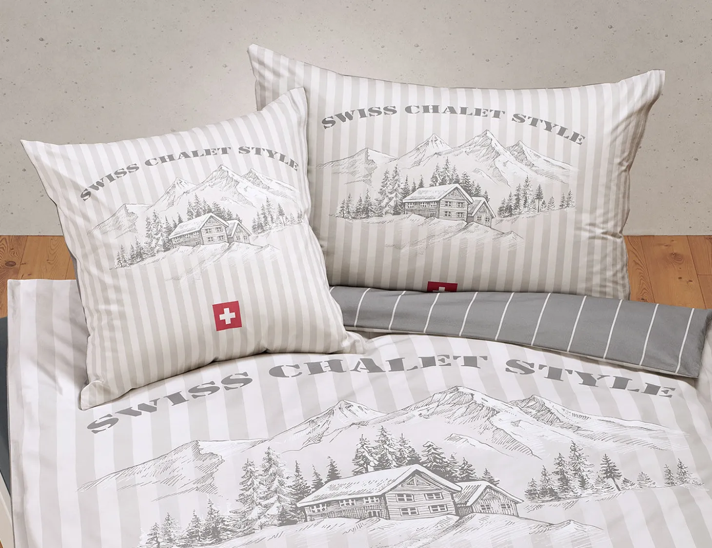 Bettwäsche mit Schweizer Chalet und Bergwelt