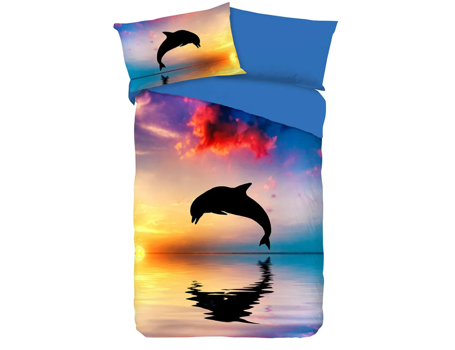 Bettwäsche mit springendem Delfin und Sonnenuntergang