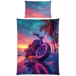 Bettwäsche Neon Motorrad und Palmen