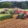 Bettwäsche roter Mähdrescher bei der Feldarbeit