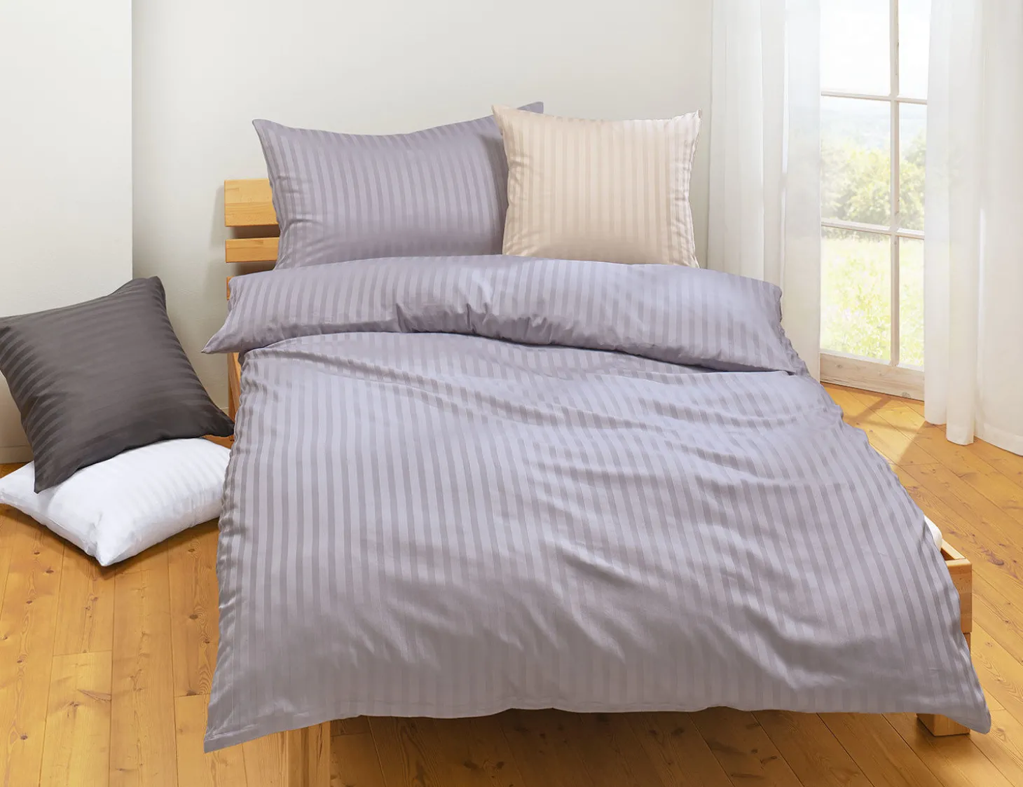 Bio-Satin-Bettwäsche uni gestreift