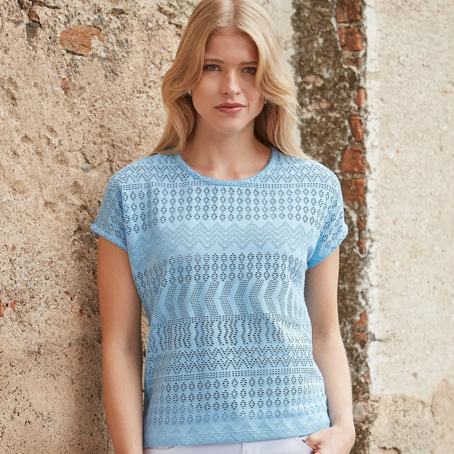 Damen Ajour T-Shirt mit Baumwollanteil