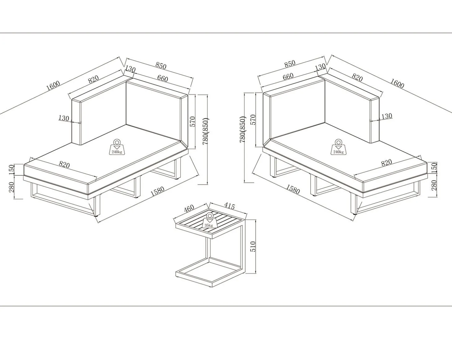 Daybed Sarah 2 Loveaseats mit Beistelltisch