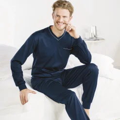 ISA Herren Langarm-Pyjama mit V-Ausschnitt