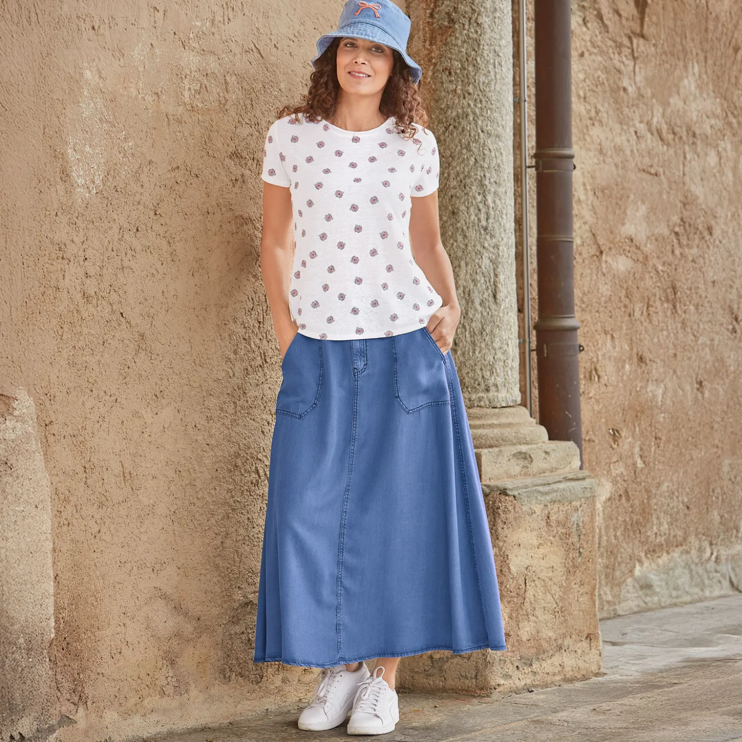 Jeans Fischerhut mit gestickter Schleife