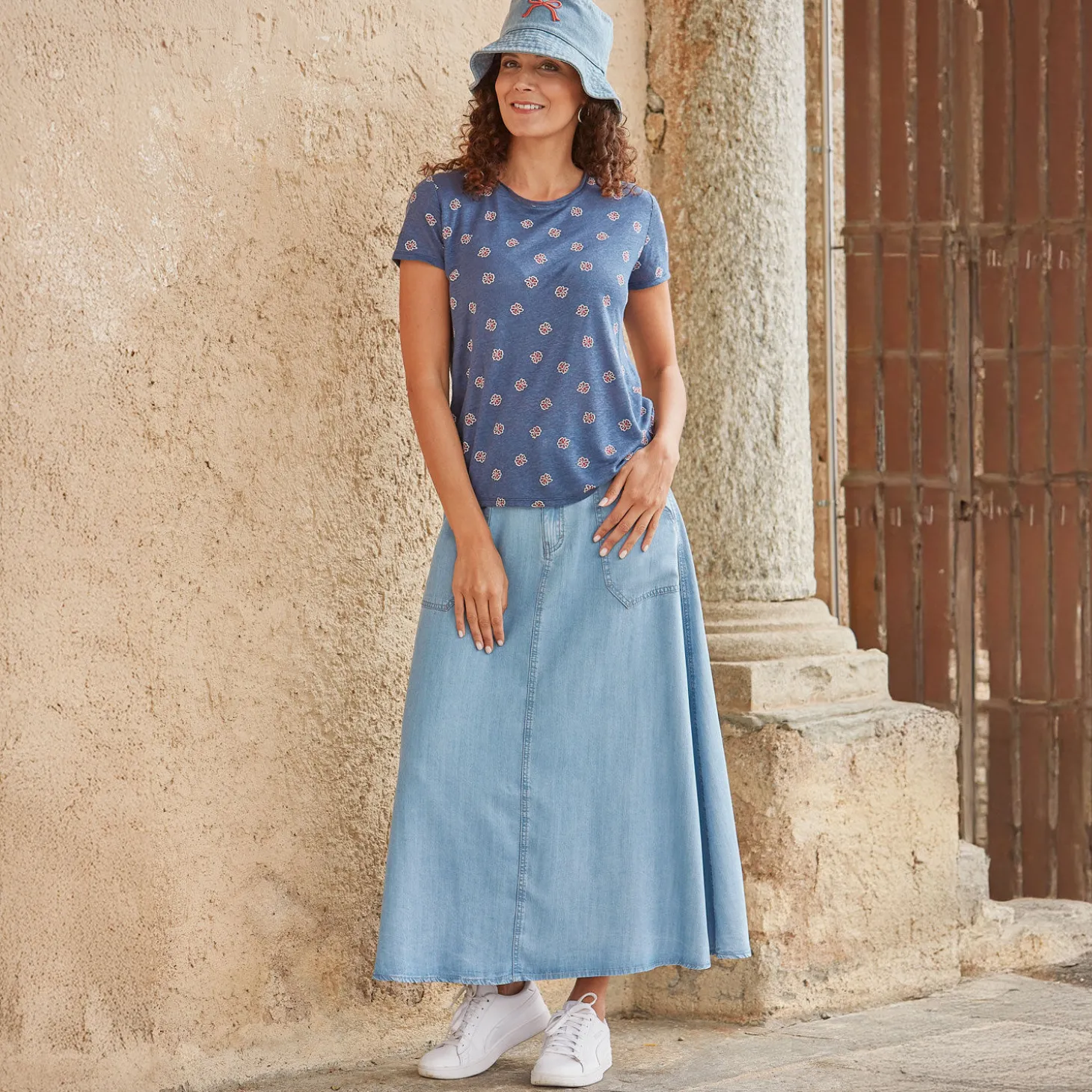 Jeans Fischerhut mit gestickter Schleife