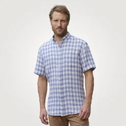 Kariertes Kurzarmhemd aus Leinen blau-beige