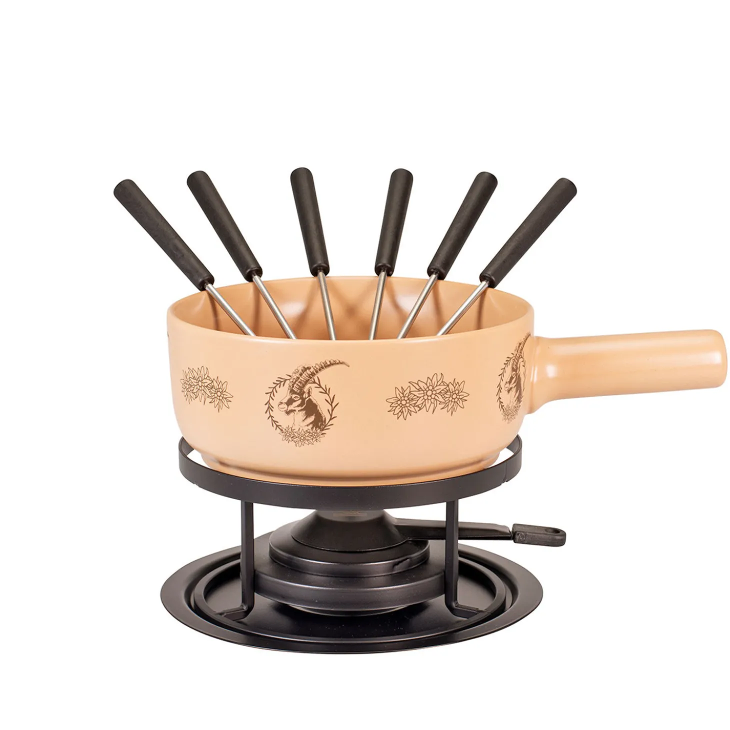 Käsefondue–Set mit Steinbockmotiv