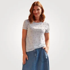 Leinen T-Shirt mit Allover-Print und Rundhalsausschnitt