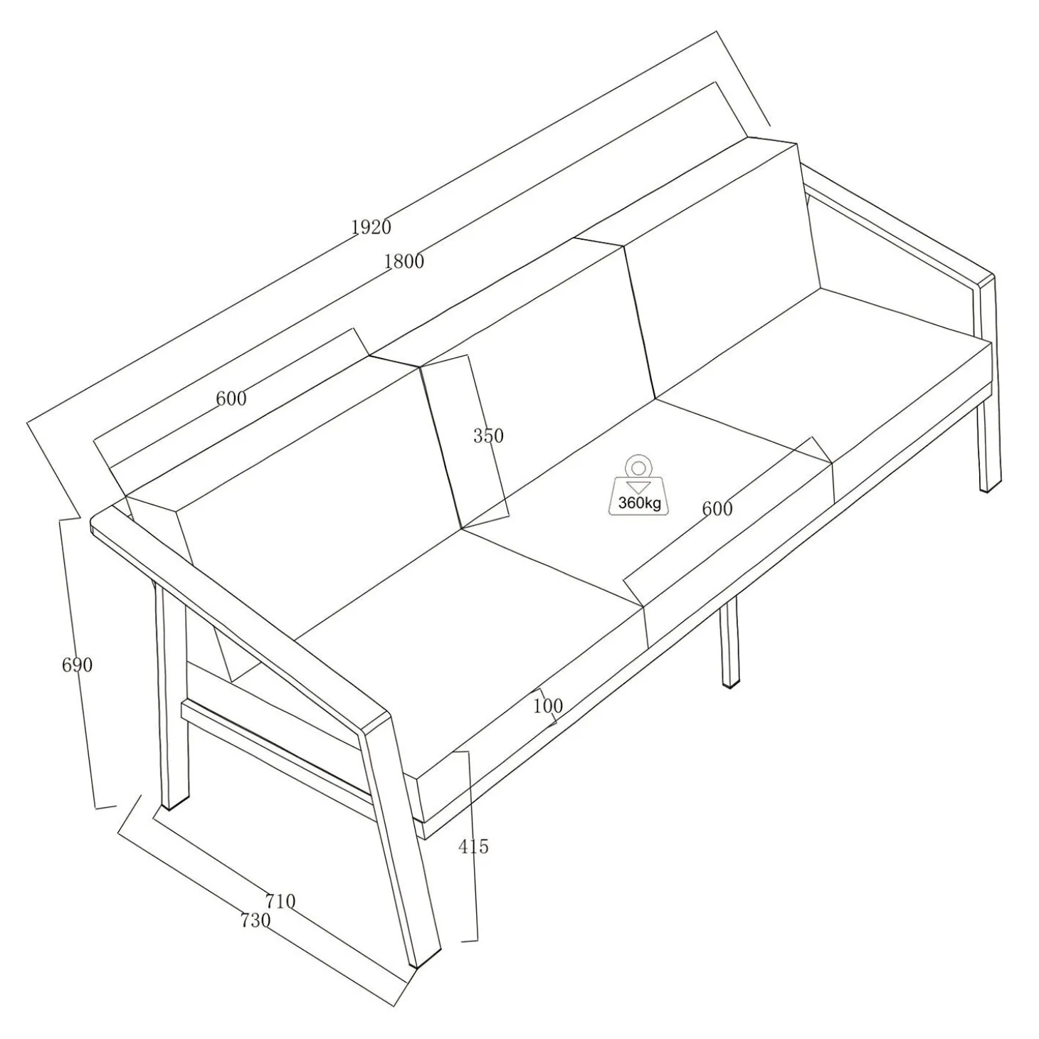 Sofa 3-Sitzer Paris - Alu-Gestell in Holzoptik