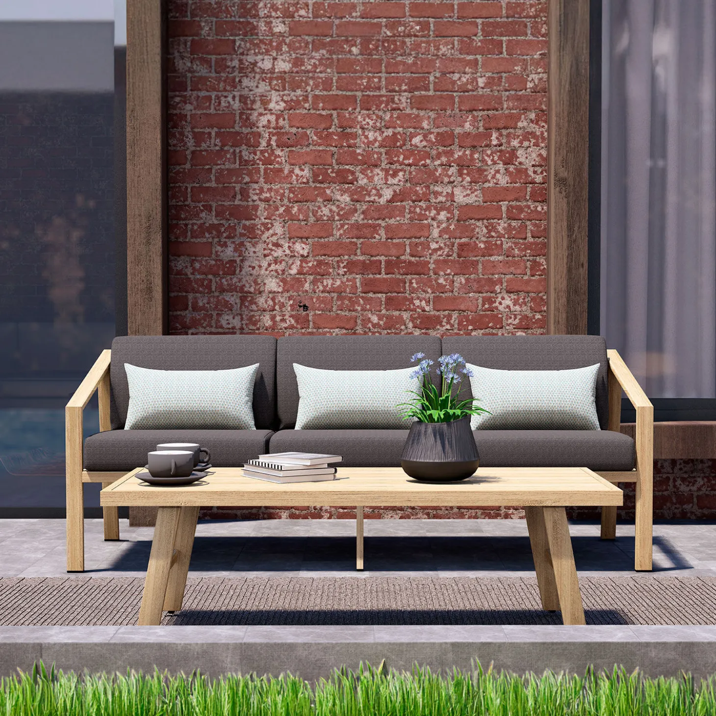 Sofa 3-Sitzer Paris - Alu-Gestell in Holzoptik