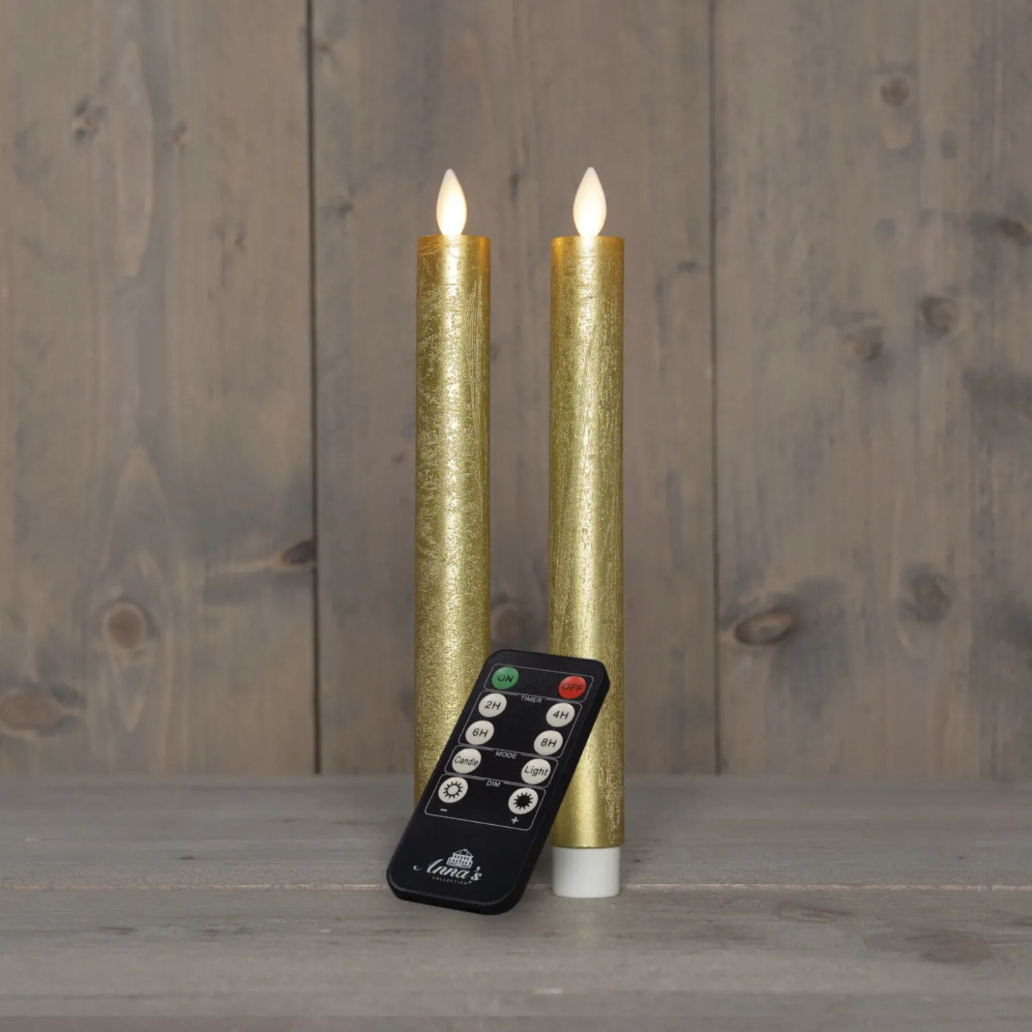 Stabkerze 2er–Set – Akkubetrieben, Echtwachs, Gold