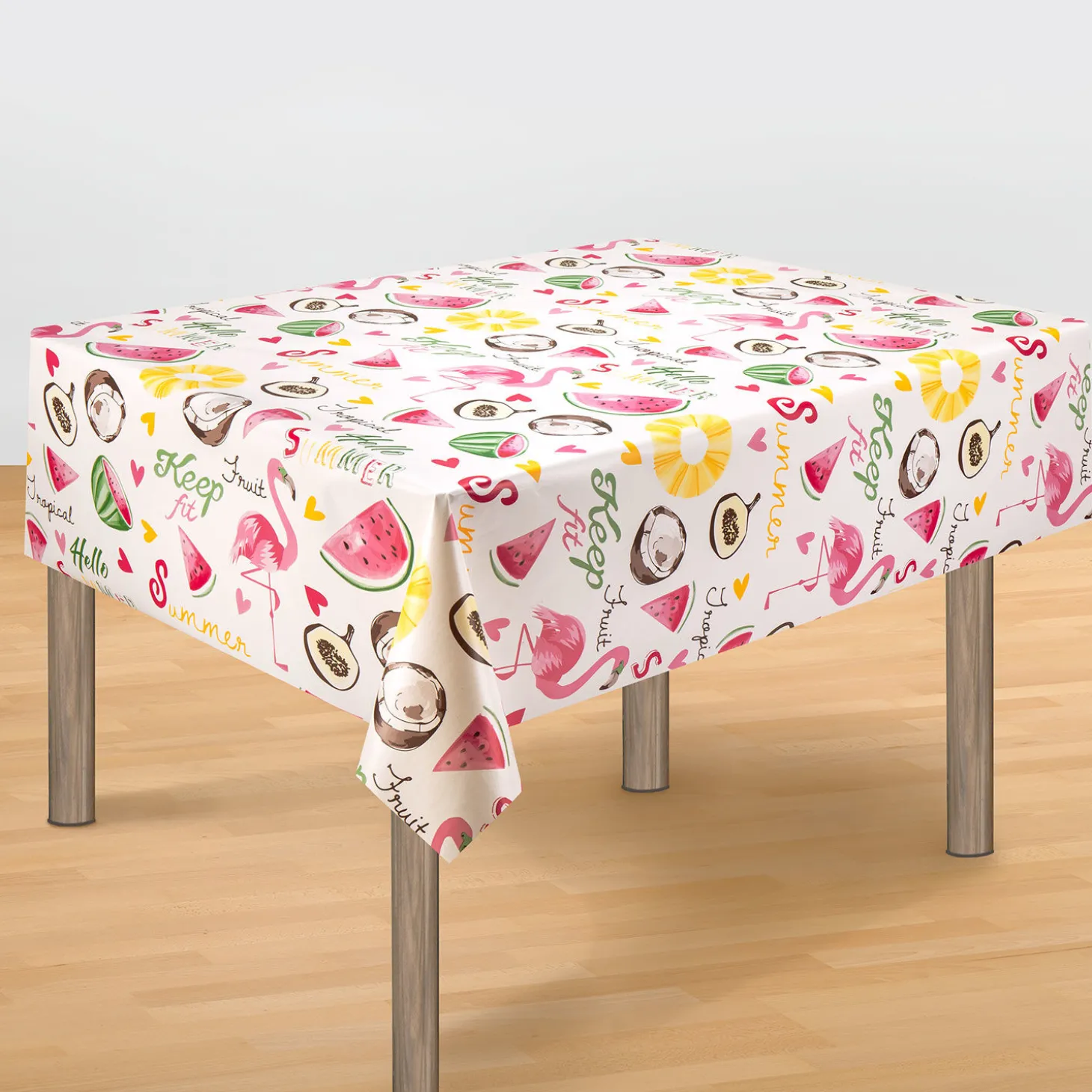 Tischdecke mit sommerlichen Motiven in bunten Farben