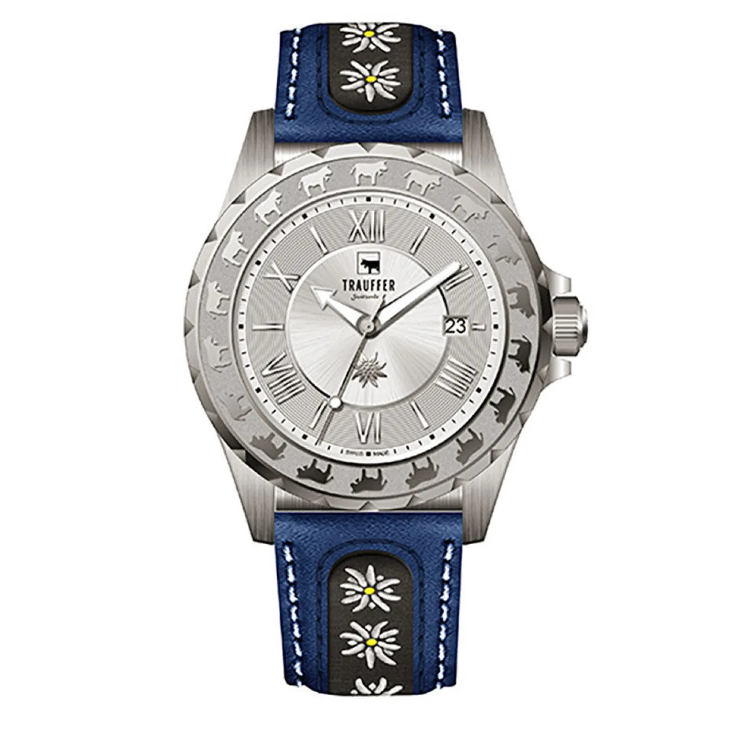 Trauffer Herrenuhr mit PU-Lederband mit Edelweiss blau