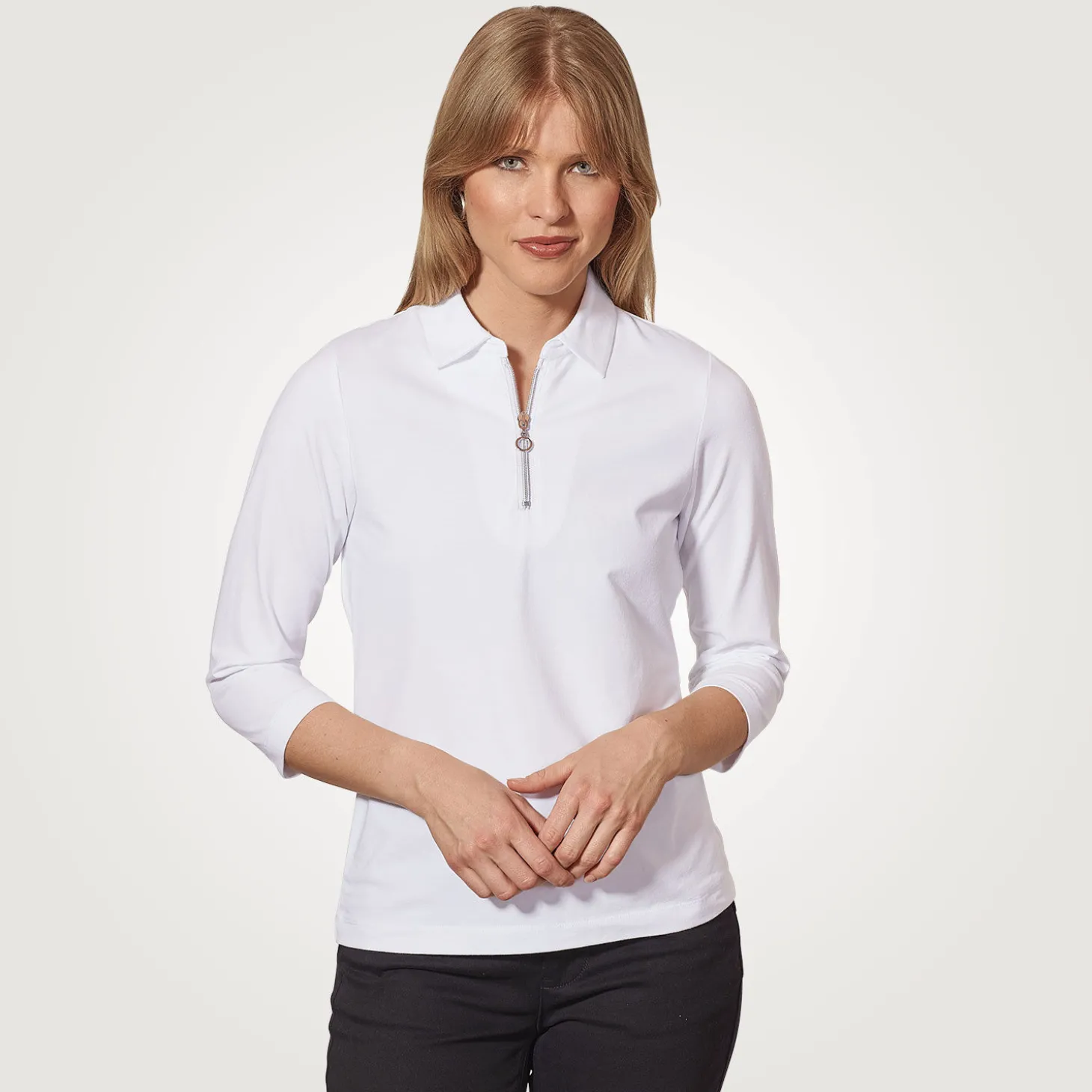 Uni Poloshirt mit Reissverschluss und 3/4 Ärmeln